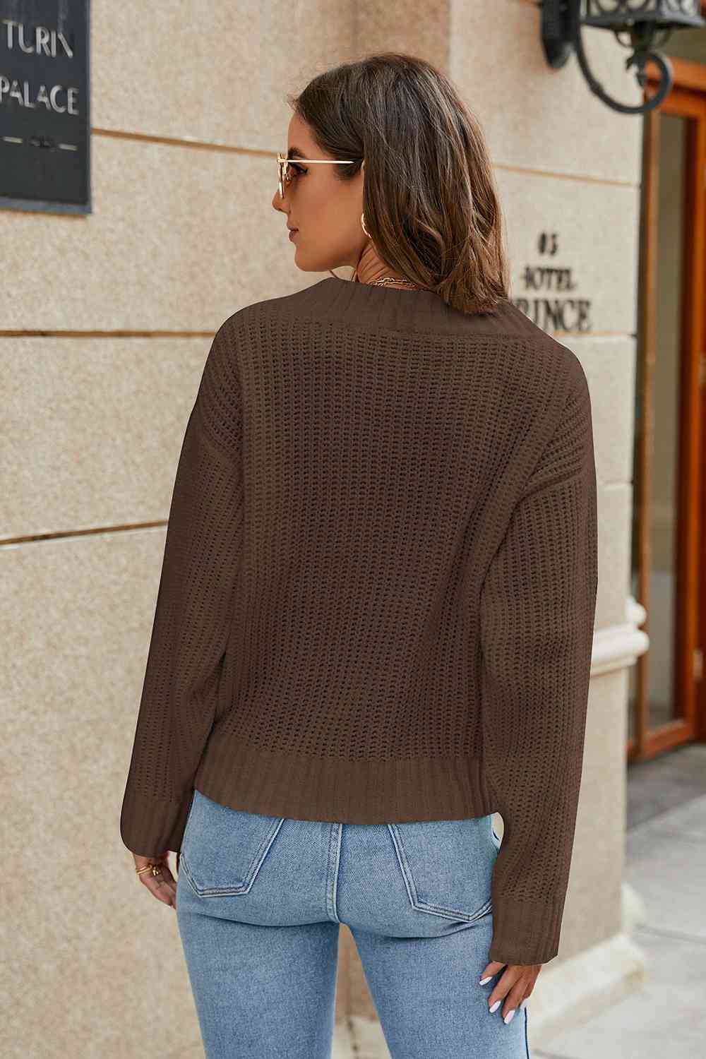 Openwork Surplice Long Sleeve Sweater - Trendsi - Flyclothing LLC