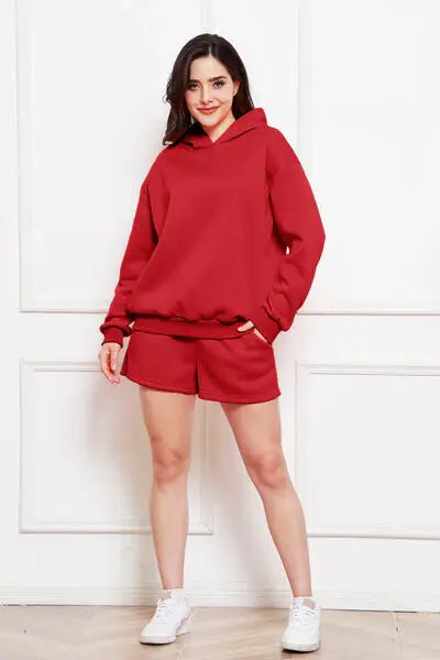 Drop Shoulder Long Sleeve Hoodie and Shorts Set - Trendsi - Flyclothing LLC