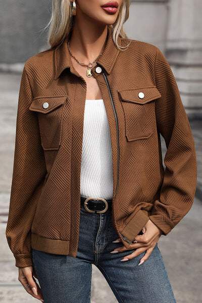 Textured Zip Up Collared Neck Jacket - Trendsi - Flyclothing LLC