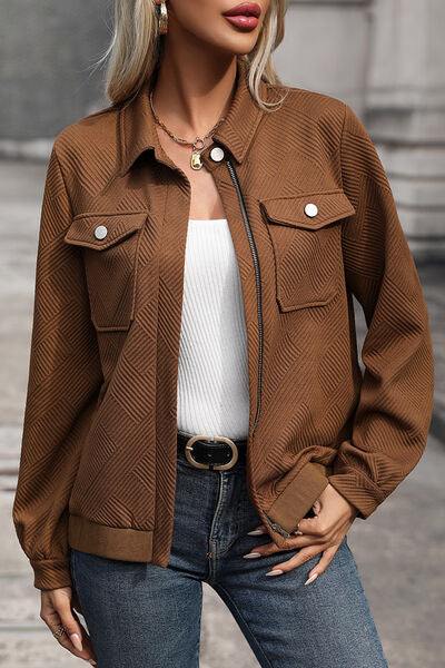 Textured Zip Up Collared Neck Jacket - Trendsi