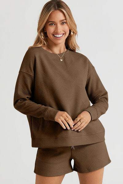 Double Take Full Size Texture Long Sleeve Top and Drawstring Shorts Set - Trendsi - Flyclothing LLC