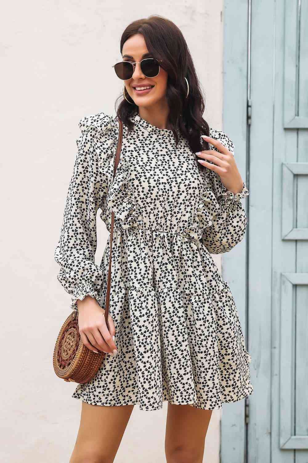 Printed Ruffle Trim Smocked Long Sleeve Mini Dress - Trendsi - Flyclothing LLC