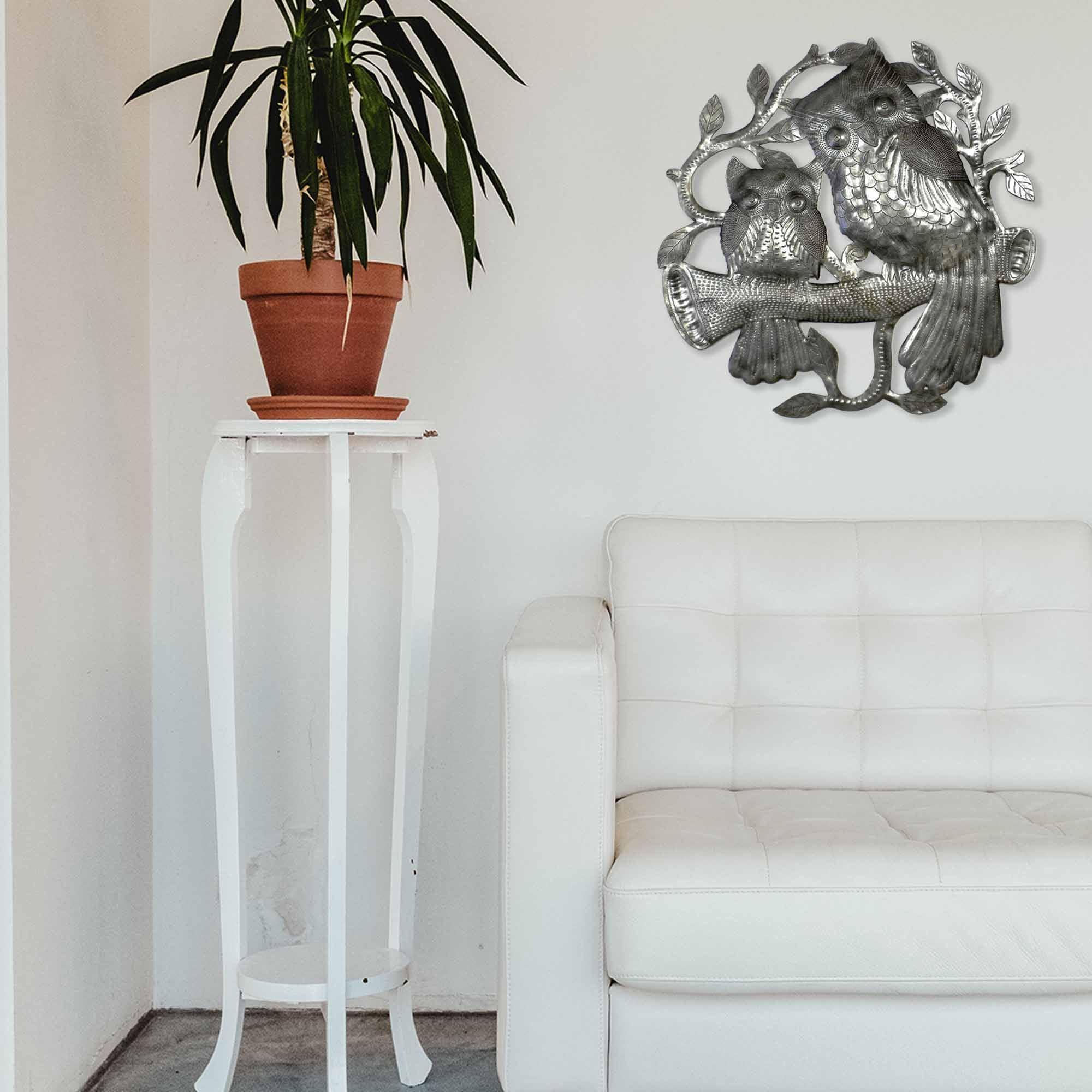 Pair of Owls on Perch Metal Wall Art - Croix des Bouquets - Croix des Bouquets