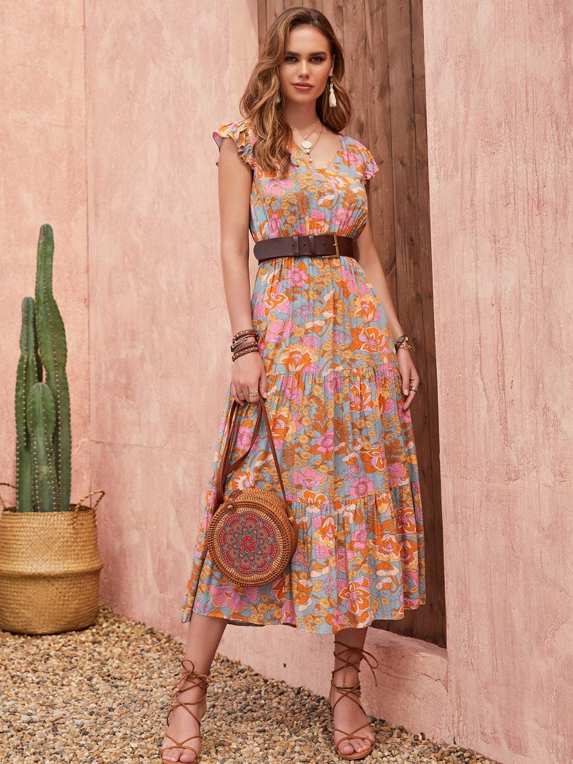 Ruffled Printed V-Neck Cap Sleeve Tiered Dress - Trendsi - Flyclothing LLC