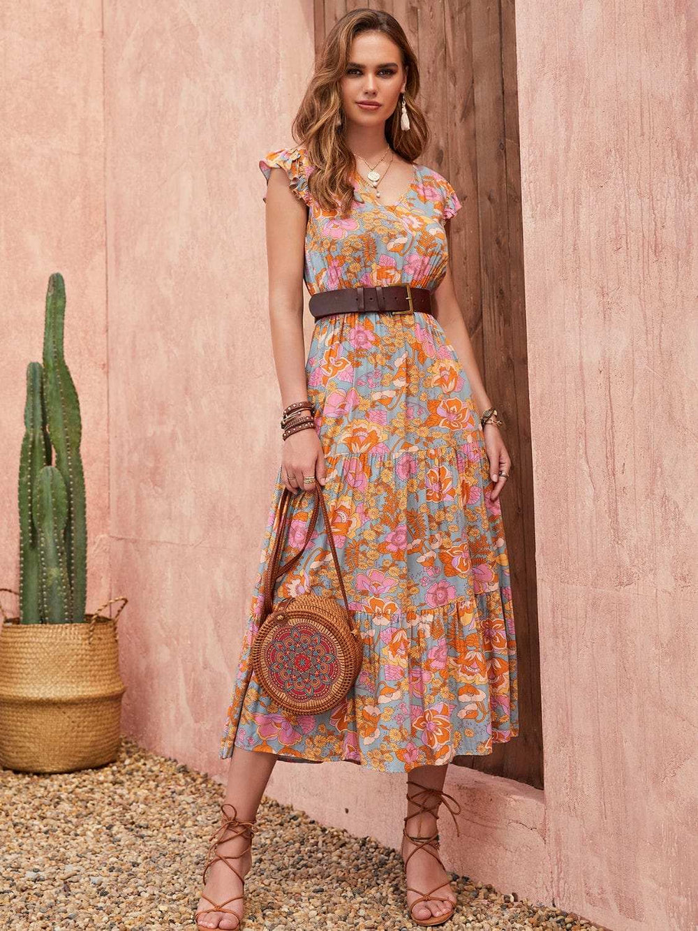 Ruffled Printed V-Neck Cap Sleeve Tiered Dress - Trendsi - Flyclothing LLC