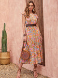 Ruffled Printed V-Neck Cap Sleeve Tiered Dress - Trendsi - Flyclothing LLC