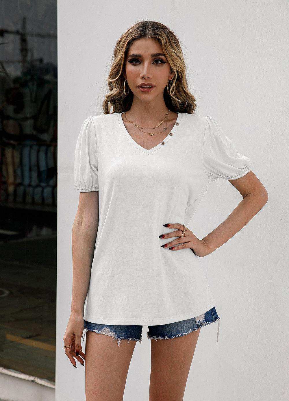 V-Neck Decorative Buttons Puff Sleeve Tee - Trendsi - Flyclothing LLC