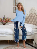 Round Neck Top and Printed Pants Lounge Set - Trendsi - Flyclothing LLC