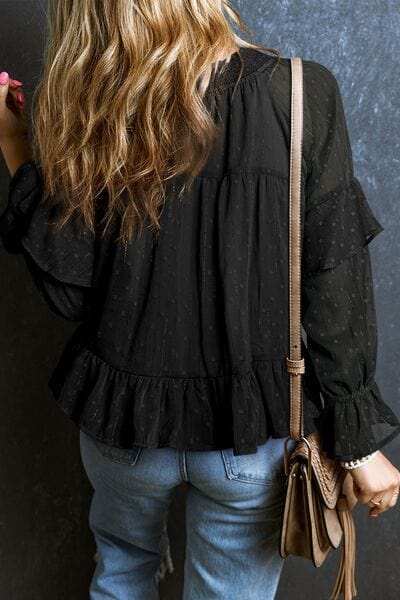 Swiss Dot Tie Neck Flounce Sleeve Blouse - Trendsi - Flyclothing LLC