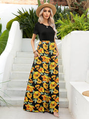 Printed Round Neck Short Sleeve Maxi Dress - Trendsi