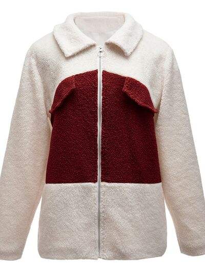 Plush Contrast Zip Up Coat - Trendsi - Flyclothing LLC