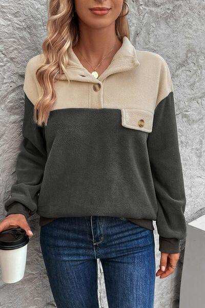 Color Block Quarter Button Dropped Shoulder Sweatshirt - Trendsi - Flyclothing LLC
