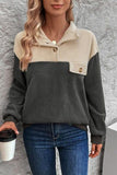 Color Block Quarter Button Dropped Shoulder Sweatshirt - Trendsi