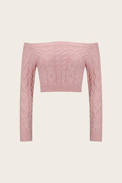 Cable-Knit Off-Shoulder Long Sleeve Sweater - Trendsi - Flyclothing LLC
