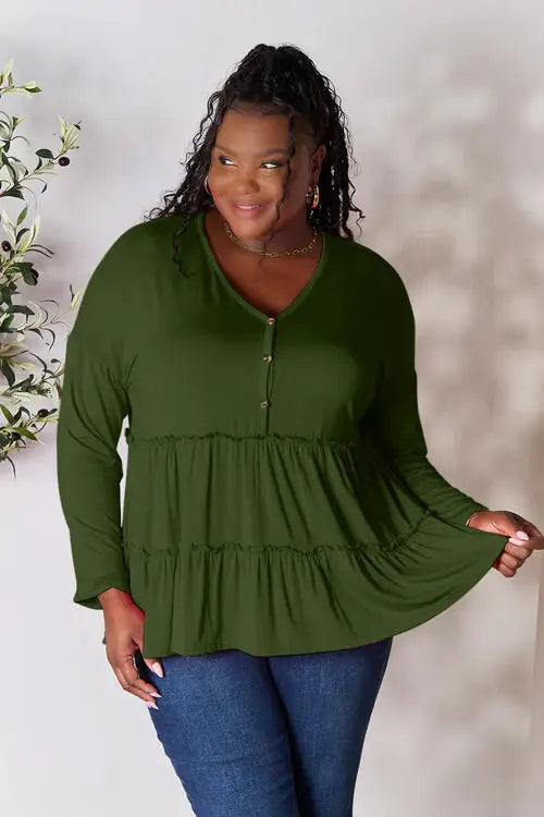 Double Take Half Button Long Sleeve Ruffle Hem Blouse - Trendsi - Flyclothing LLC
