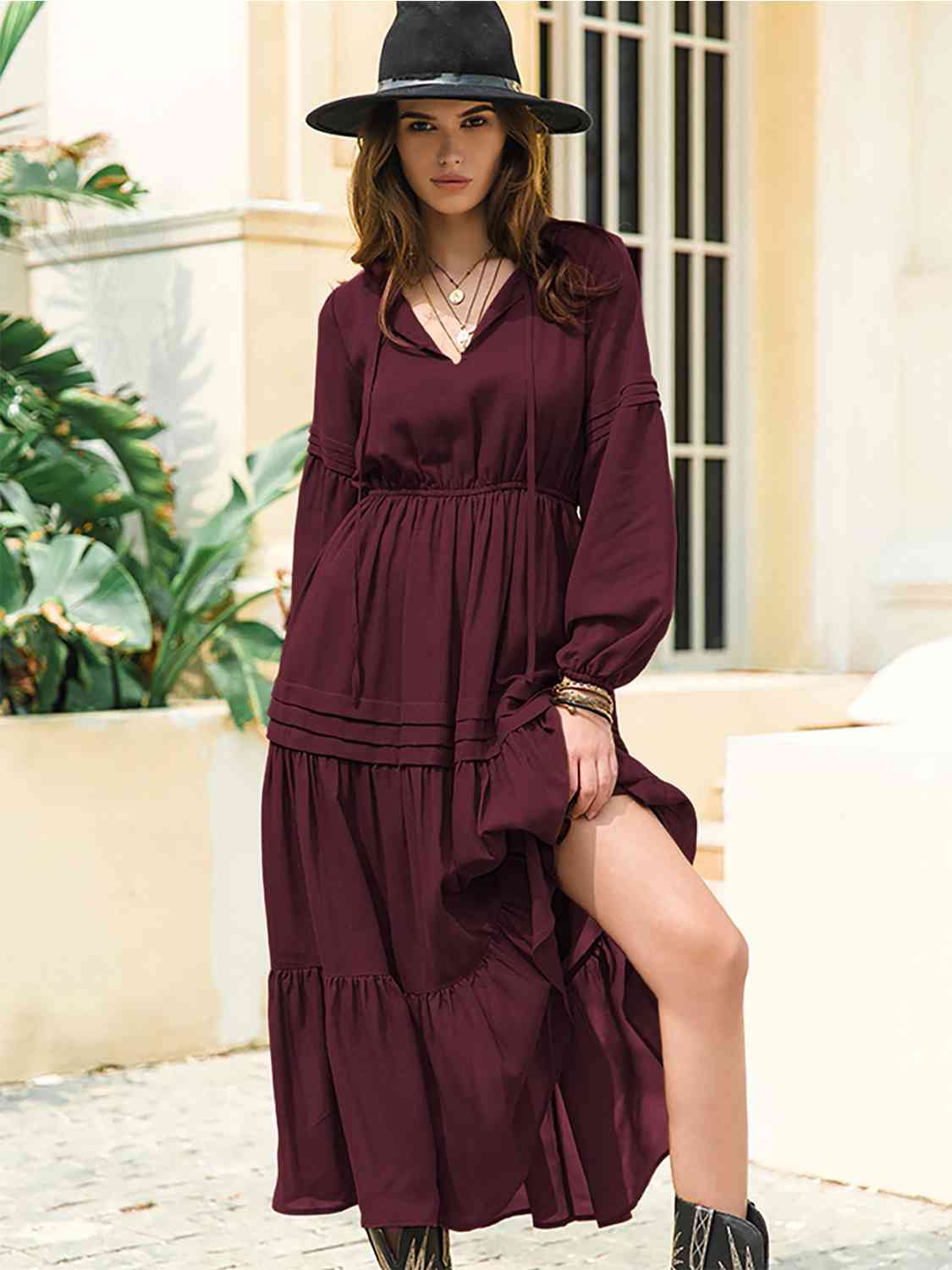 Tie Neck Long Sleeve Midi Tiered Dress - Trendsi - Flyclothing LLC