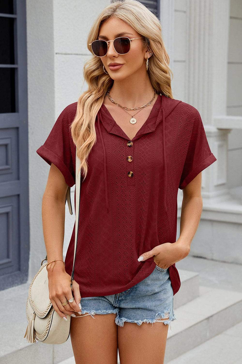 Eyelet Drawstring Hooded Short Sleeve Blouse - Trendsi - Flyclothing LLC