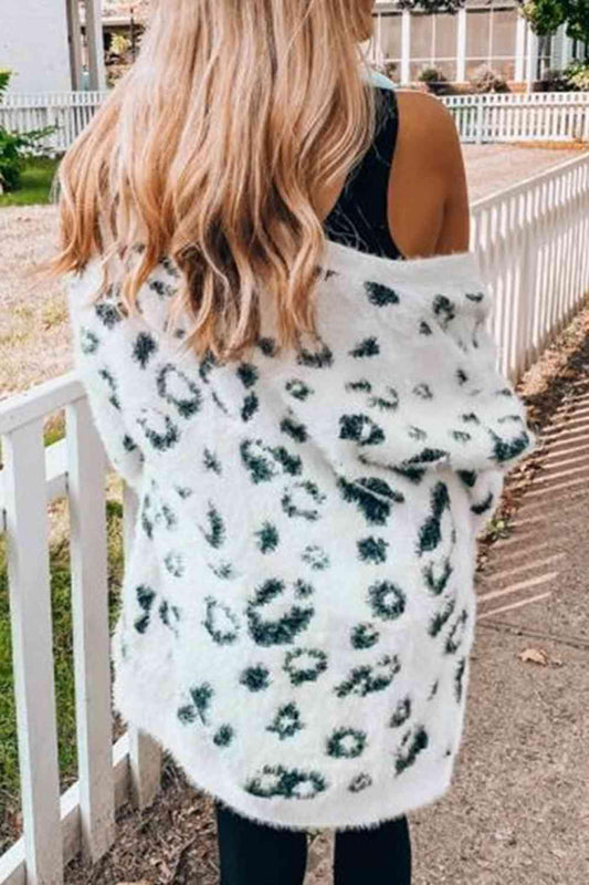 Leopard Open Front Cardigan with Pockets - Trendsi