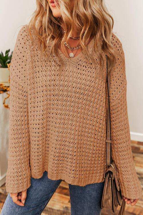 Openwork Round Neck Long Sleeve Sweater - Trendsi - Flyclothing LLC