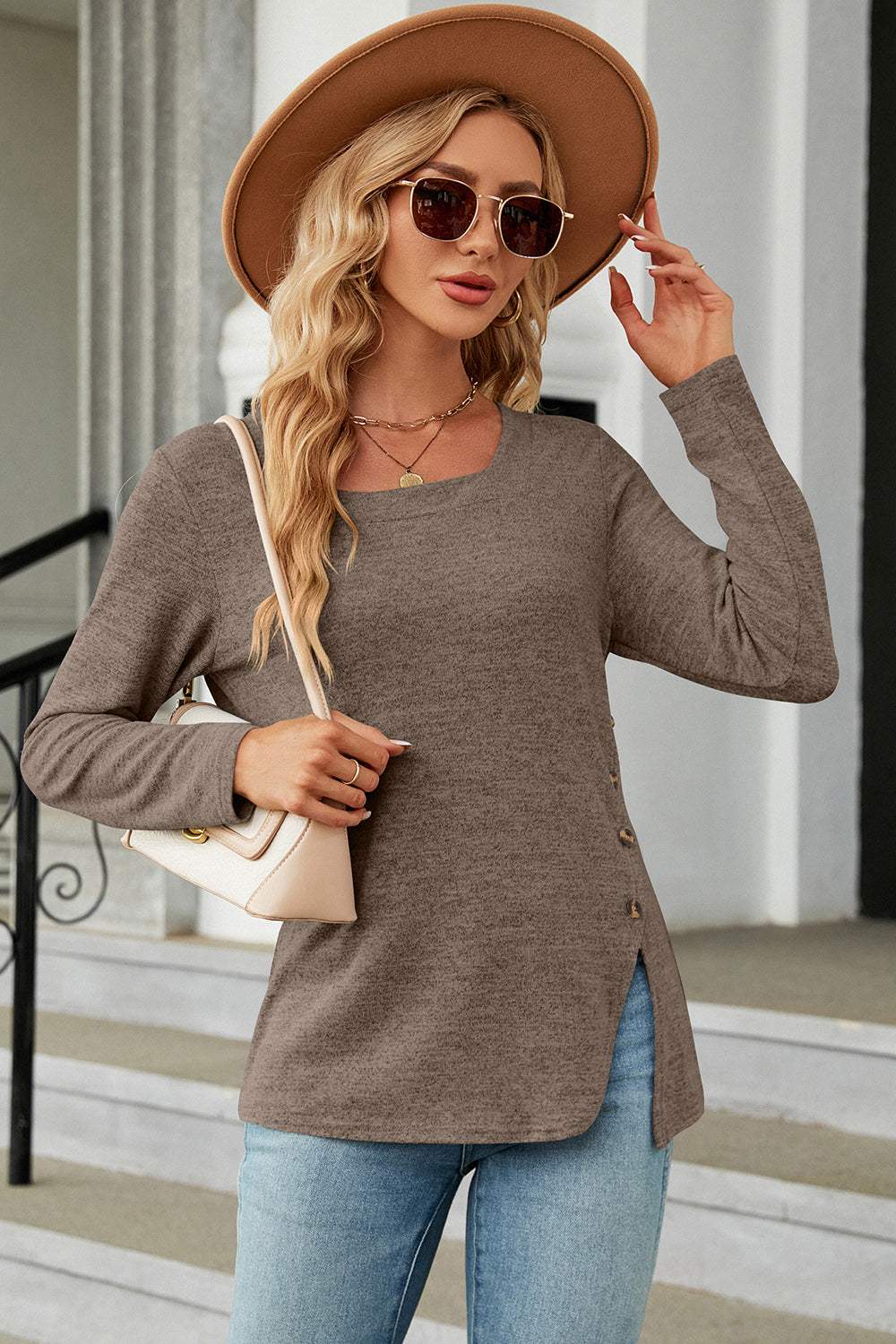Slit Decorative Button Square Neck T-Shirt - Trendsi - Flyclothing LLC