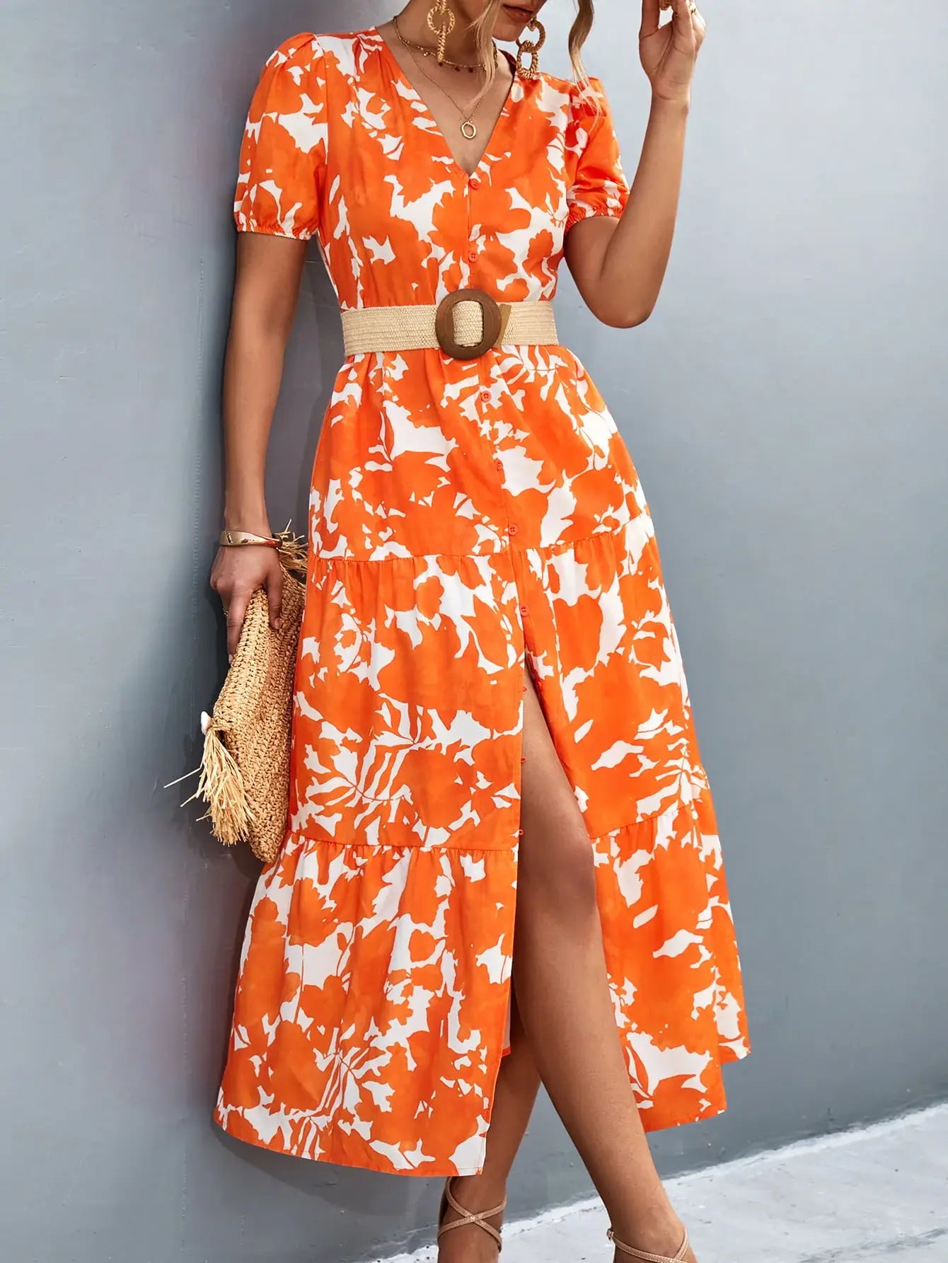 V-Neck Short Sleeve High Slit Midi Dress - Trendsi - Flyclothing LLC