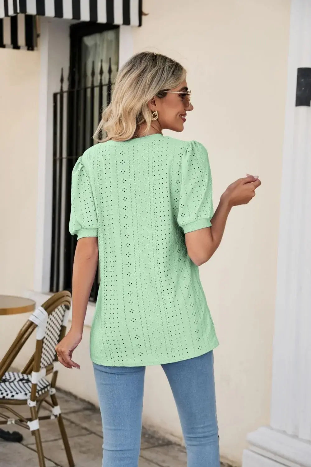 Eyelet Puff Sleeve V-Neck Top - Trendsi - Flyclothing LLC