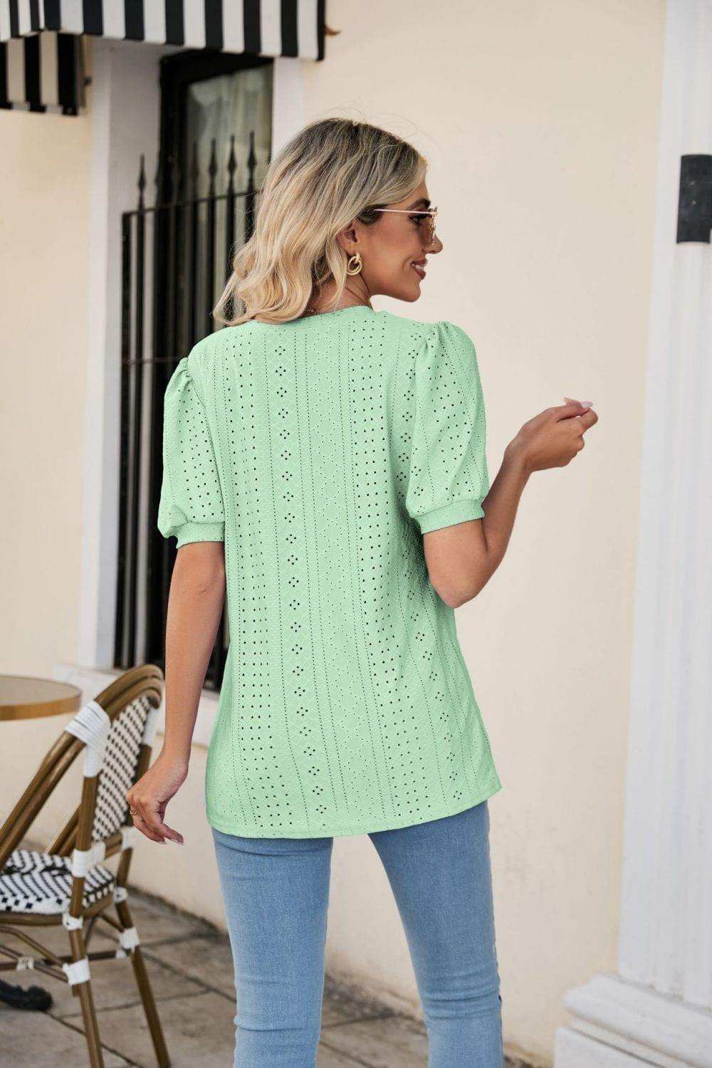 Eyelet Puff Sleeve V-Neck Top - Trendsi - Flyclothing LLC