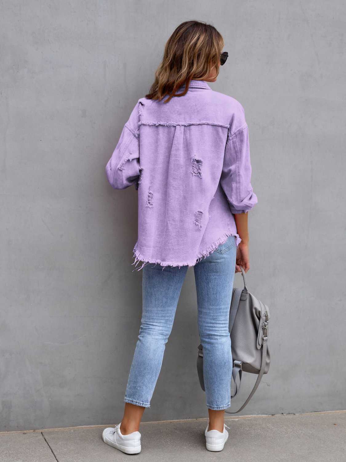 Distressed Drop Shoulder Denim Jacket - Trendsi - Flyclothing LLC