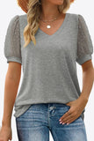Swiss Dot Puff Sleeve V-Neck Tee - Trendsi
