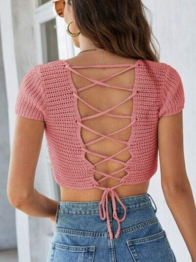Lace-Up Openwork Square Neck Sweater - Trendsi - Flyclothing LLC