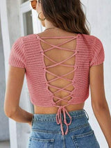 Lace-Up Openwork Square Neck Sweater - Trendsi - Flyclothing LLC
