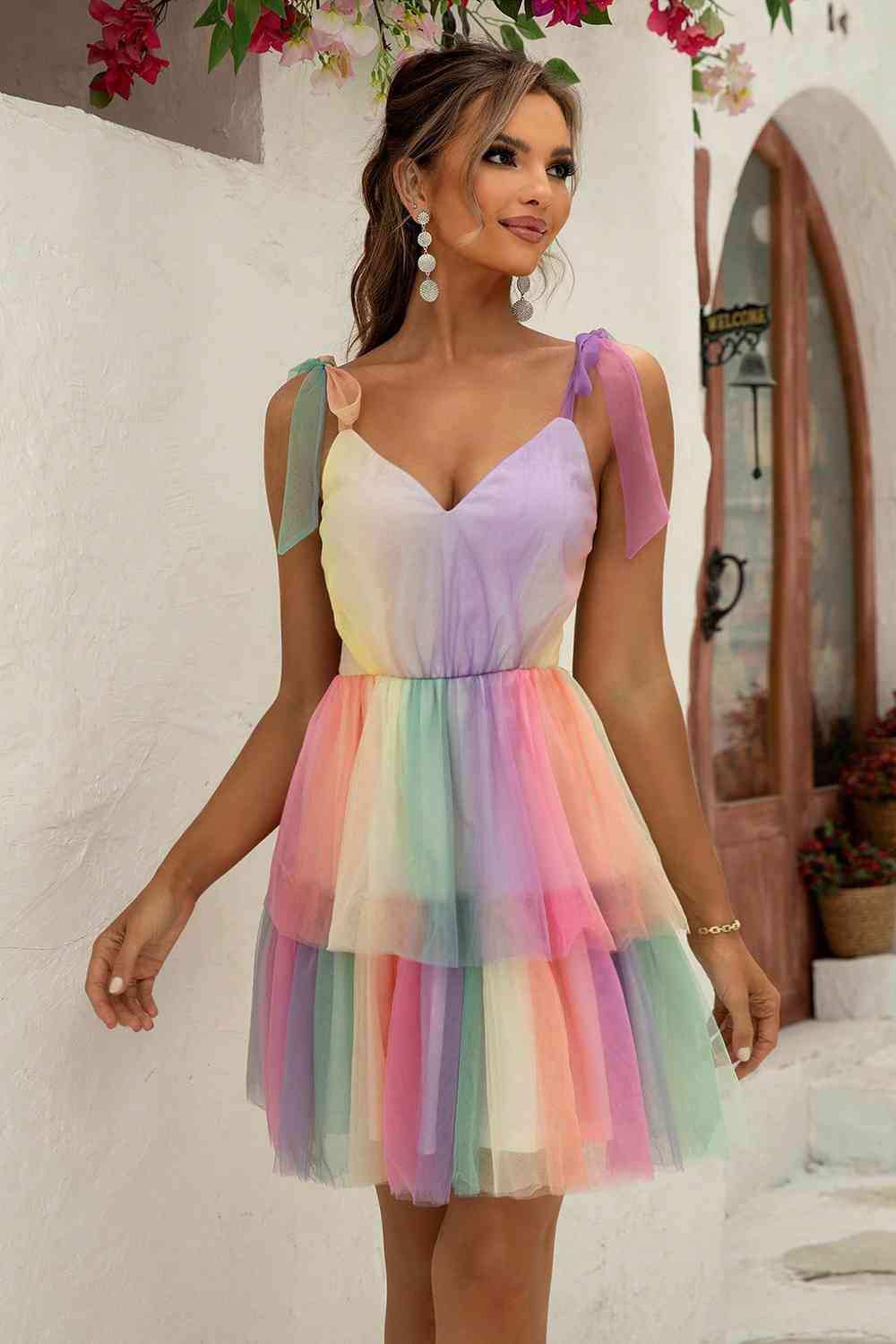 Gradient Tie-Shoulder Layered Dress - Trendsi - Flyclothing LLC