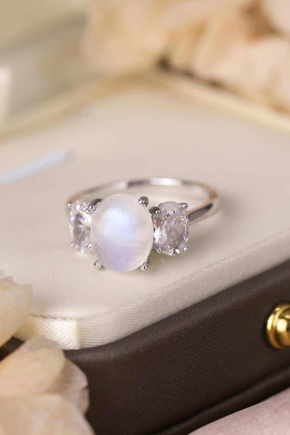 High Quality Natural Moonstone 925 Sterling Silver Three Stone Ring - Trendsi - Flyclothing LLC