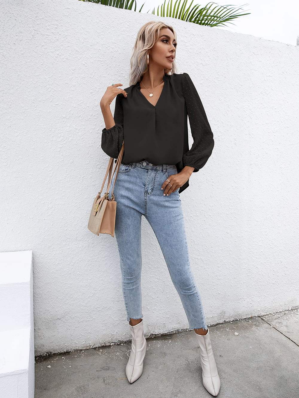 Swiss Dot Frill Trim Puff Sleeve Blouse - Trendsi - Flyclothing LLC