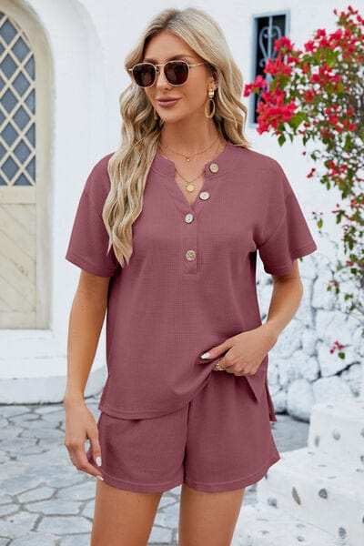 Notched Button Detail Dropped Shoulder Top and Shorts Set - Trendsi - Flyclothing LLC