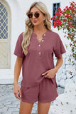Notched Button Detail Dropped Shoulder Top and Shorts Set - Trendsi