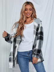 Plaid Hooded Jacket with Pockets - Trendsi