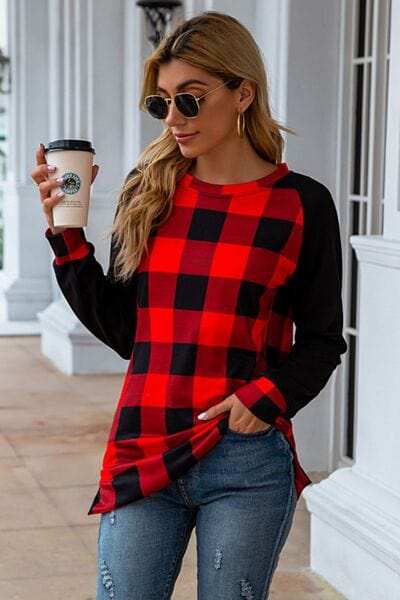 Plaid Round Neck Long Sleeve T-Shirt - Trendsi - Flyclothing LLC