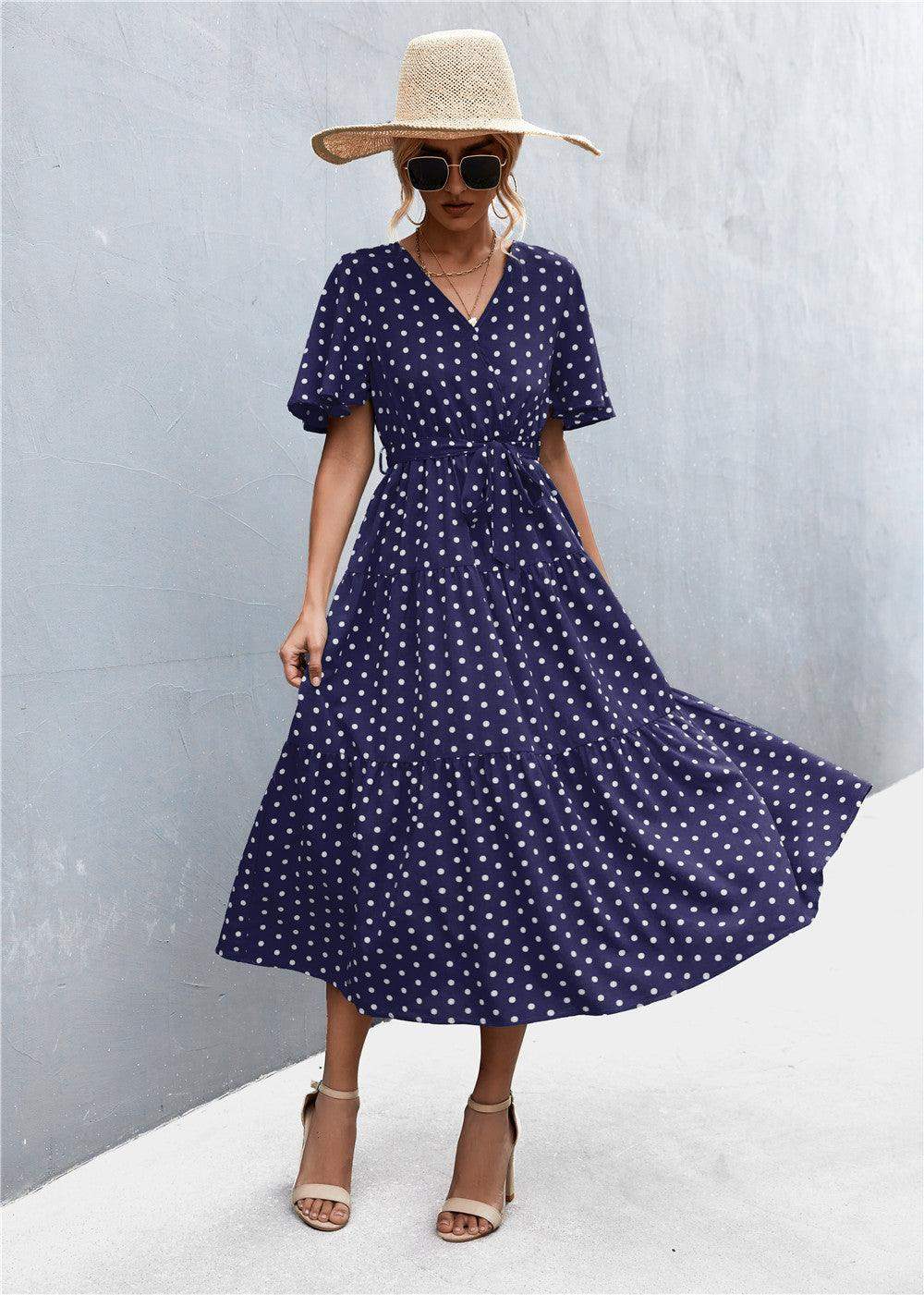 Printed V-Neck Flutter Sleeve Belted Dress - Trendsi - Flyclothing LLC