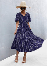 Printed V-Neck Flutter Sleeve Belted Dress - Trendsi - Flyclothing LLC