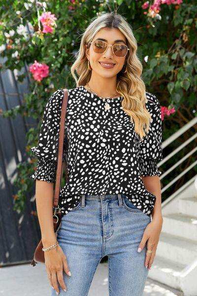 Polka Dot Round Neck Lantern Sleeve Blouse - Trendsi - Flyclothing LLC