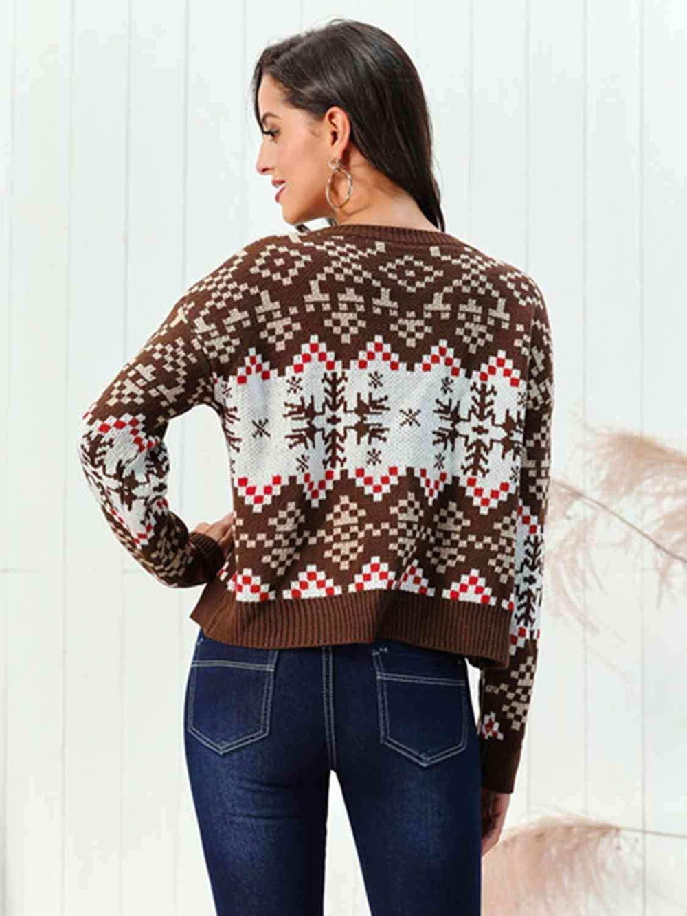 Snowflake Pattern Round Neck Sweater - Trendsi - Flyclothing LLC