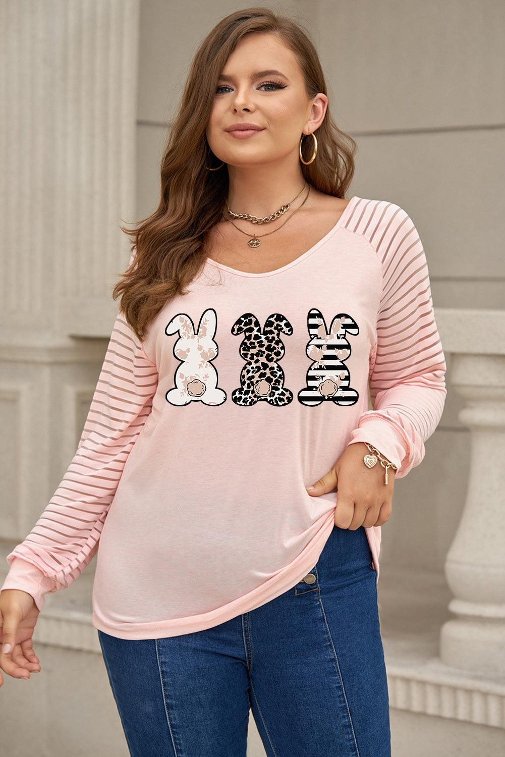 Plus Size Rabbit Graphic Long Raglan Sleeve Easter Tee - Flyclothing LLC