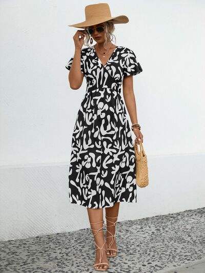 Printed V-Neck Short Sleeve Dress - Trendsi - Flyclothing LLC