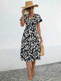 Printed V-Neck Short Sleeve Dress - Trendsi - Flyclothing LLC