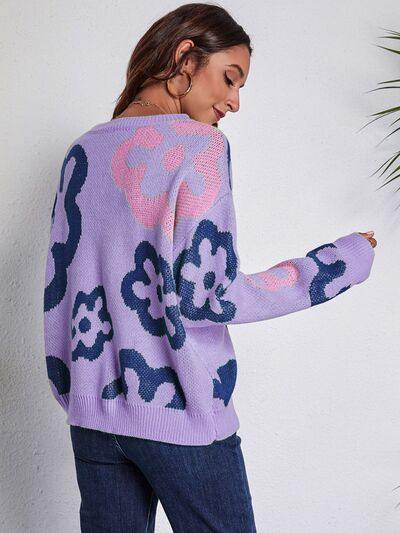 Flower Pattern Round Neck Long Sleeve Sweater - Trendsi