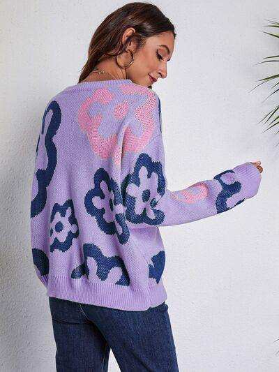 Flower Pattern Round Neck Long Sleeve Sweater - Trendsi - Flyclothing LLC