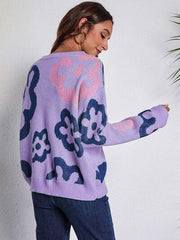 Flower Pattern Round Neck Long Sleeve Sweater - Trendsi