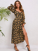 Flounce Sleeve Slit Midi Dress - Trendsi - Flyclothing LLC