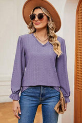 Eyelet V-Neck Flounce Sleeve T-Shirt - Trendsi - Flyclothing LLC